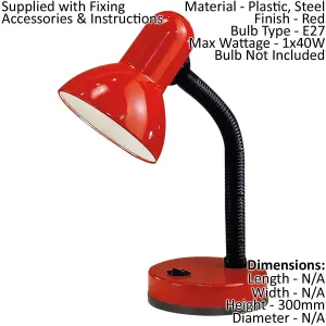 Table Lamp Flexible Moveable Colour Red Steel Rocker Switch Bulb E27 1x40W