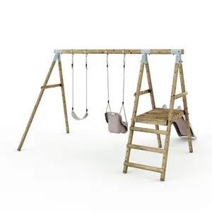 Limited Edition Rebo Double Wooden Swing Set with Slide - Odyssey - Pastel Pink