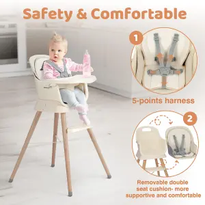 Baby High Chair, 6 in 1 Convertible Wooden High Chair - Cream