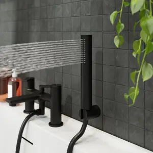 GoodHome Akita Matt Black Deck-mounted Bath mixer tap with shower kit