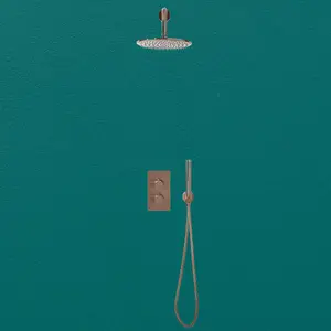 UK Home Living Avalon Core Round Handle Thermostatic Shower Valve, Drench Head & Bracket Brushed BRONZE