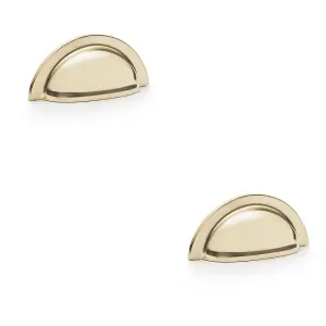 2 PACK - Ridged Cup Handle - Polished Brass - 76mm Centres Solid Brass Shaker Drawer Pull