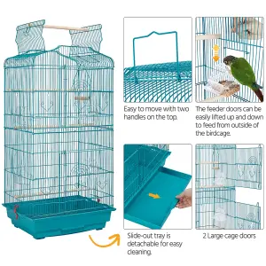 Yaheetech Teal Blue Open Top Metal Birdcage Parrot Cage with Slide-out Tray and Four Feeders