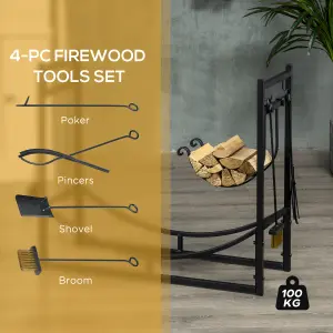 Outsunny Firewood Stand Log Rack Holder 84cm with 4-PC Fireplace Tools Set Black