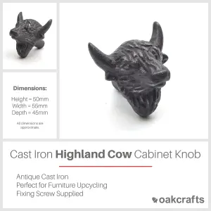 Oakcrafts - Small Antique Cast Iron Highland Cow Cabinet Knob - Approx 50mm - Pack of 6