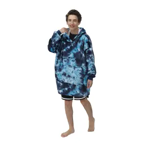 Dark Blue Oversized Tie Dye Sherpa Blanket Hoodie with Front Pocket