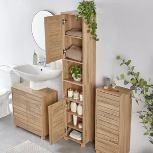 VonHaus Tall Bathroom Cabinet, Oak Wood Effect Bathroom Tallboy Unit, Slatted Bathroom Storage for Kitchen and Hallway, Chester