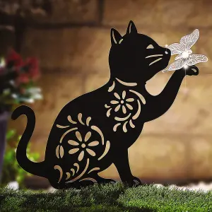 Cat Silhouette Light Up Ornament - Solar Powered Garden Stake Light Sculpture with Illuminated Butterfly - 43 x 33 x 11.5cm