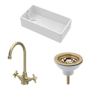 Fireclay Kitchen Bundle - Single Bowl Belfast Sink, Strainer Waste & Mono Crosshead Handle Tap, 895mm - Brushed Brass - Balterley