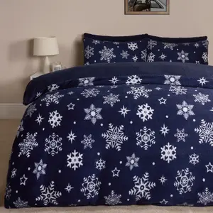 Snowflake Teddy Fleece Duvet Cover Bedding Winter Christmas, Navy - Double