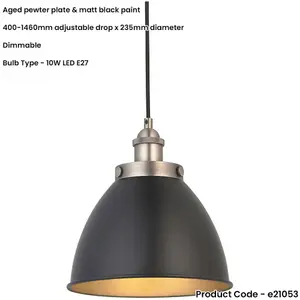 Hanging Ceiling Pendant Light - Small - Aged Pewter Plate & Matt Black Paint - 10W LED E27