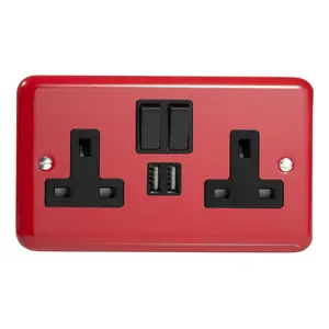 Varilight 2-Gang 13A Single Pole Switched Socket + 2x5V DC 2100mA USB Charging Ports  Pillar Box Red