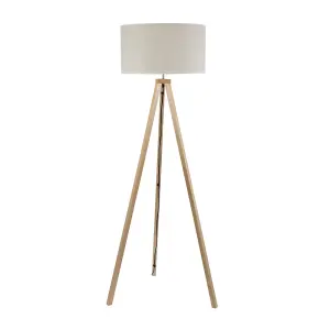 ValueLights Barbro Wooden Tripod Floor Lamp with Natural Linen with White Trim Drum Shade