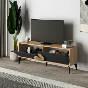 Decortie Gora Modern TV Unit Oak, Silky Grey Black 140(W)cm with 2 Door Flap Stay Storage TV Cabinet