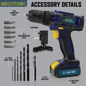 Skotek 18V Cordless Drill and Screwdriver Set 13 Piece Kit Li-ion Battery Included