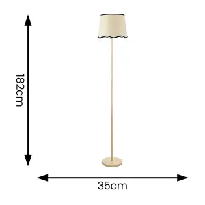 ValueLights Heather Light Wood Stem Floor Lamp with Scallop Black Trim Tapered Shade and LED Bulb