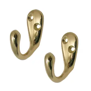 4 x Polished Brass Single Coat Hooks, Door & Wall Robe Dress Garment Hangers