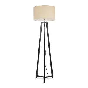 ValueLights Lottie Black Wood Tripod Floor Lamp with Natural Drum Shade - LED Bulb Included