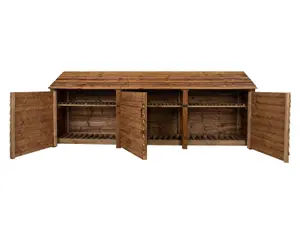 Wooden log store with door and kindling shelf W-335cm, H-126cm, D-88cm - brown finish