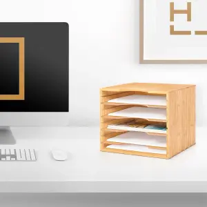 Woodluv Desk Organiser Paper Tray, wooden desk file organiser a4 paper letter tray With 5 Tier Racks Shelves