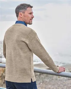 Mens 100% Pure Wool Knitted Guernsey Jumper Beige | Woolovers