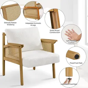 Accent Chair, Boucle Vanity Chair with Rattan Back&Arms Wood Armchair with Loose Back Pillow for Living Room Bedroom White