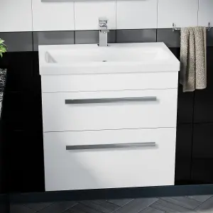 Nes Home Nanuya 600mm Gloss White Wall Hung 2 Drawer Vanity Cabinet & Ceramic Basin Sink