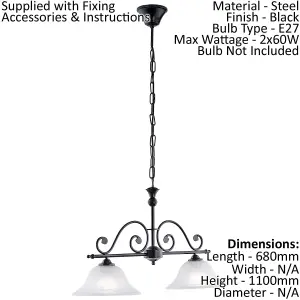 Pendant Ceiling Light Colour Black Shade White Glass Alabaster Bulb E27 2x60W