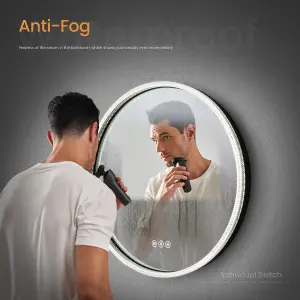 EMKE Round Bathroom Mirror with LED Lights 600MM Dimmable 3 Colours Illuminated Crystal Frame Fashion Defogging Mirror