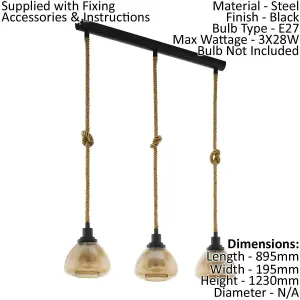 Hanging Ceiling Pendant Light Amber Glass & Rope 3 Bulb E27 Kitchen Island