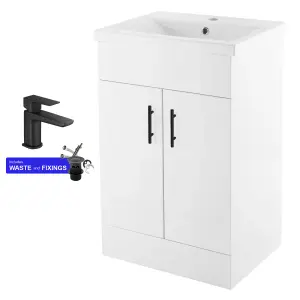 600mm Bathroom Vanity Unit White Cloakroom Two Door Basin Sink Cabinet with Black Handles & Matt Black Tap Set