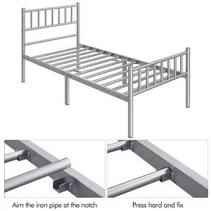 Yaheetech Silver 3ft Single Metal Bed Frame with Slatted Headboard and Footboard