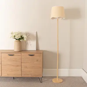 ValueLights Heather Light Wood Stem Floor Lamp with Scallop White Trim Tapered Shade and LED Bulb