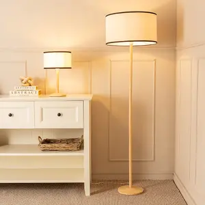 ValueLights Triston Natural Light Wood Stem Floor Lamp with Linen Black Trim Drum Shade and LED Bulb