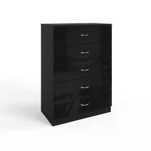 Black Gloss 5 Drawer Chest Of Drawers Bedroom Furniture