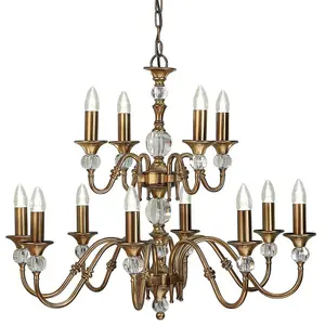 Diana Ceiling Pendant Chandelier Antique Brass & K9 Crystal Curved 12 Lamp Light