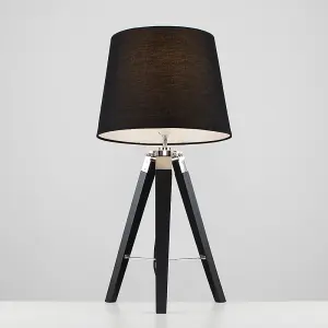 ValueLights Clipper Modern Black Wood and Silver Chrome Tripod Table Lamp with Black Light Shade