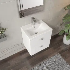 Cube Wall Hung 2 Drawer Geometric Vanity Basin Unit & Ceramic Mid-Edge Basin - 500mm - Satin White with Black Round Handles