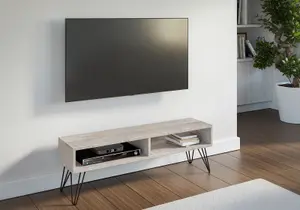 TV Cabinet with Shelf Living Room Industrial Metal Legs Platinum Grey Oak Effect