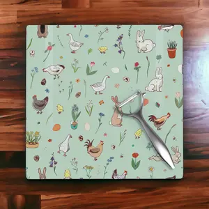 Easter Animals Large Square Glass Worktop Protector - Easter Gift - Smooth Kitchen Chopping Board with Non-Slip Feet