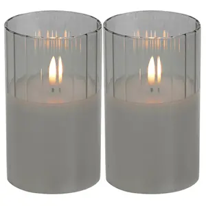 URBNLIVING 12.5cm Height LED Candle in Grey Pillar Glass Jar Realistic Flickering Table Decor Ornament Set of 2