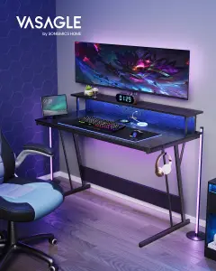 VASAGLE Gaming Desk with LED Lights and Built-In Power Outlets, Computer Desk with Monitor Shelf, Gaming Table for 2 Monitors