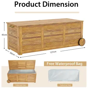 Costway Outdoor Storage Box 180L Acacia Wooden Patio Storage Deck Box W/ Wheels