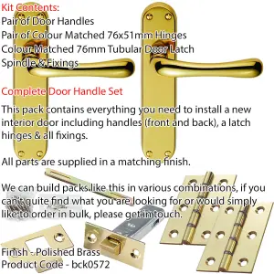 Door Handle & Latch Pack - Polished Brass - Modern Bar Lever On Rounded Backplate