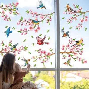 Cherry Blossom Flowers Watercolour with Birds On The Branch Spring Window Clings