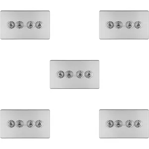 5 PACK 4 Gang Quad Retro Toggle Light Switch SCREWLESS SATIN STEEL 10A 2 Way