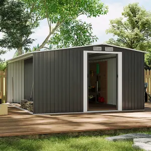 8 x 6 ft Metal Shed Garden Storage Shed Apex Roof Double Door with 6.7 x 2.1 ft Log Store, Black