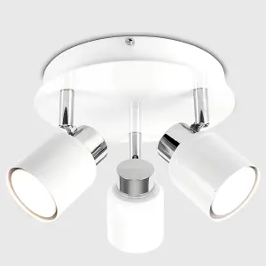 ValueLights Benton Modern Gloss White Polished Chrome IP44 Rated 3 Way Round Plate Bathroom Ceiling Spotlight