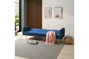 Windsor Sofa Bed, Blue Velvet Gold Legs