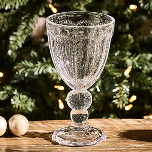 Set of 4 Vintage Luxury Clear Embossed Drinking Wine Goblet Glasses